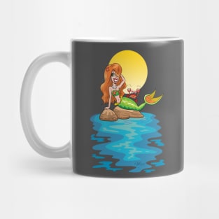 Mermaid Relaxes on Rocks with Crab Mug